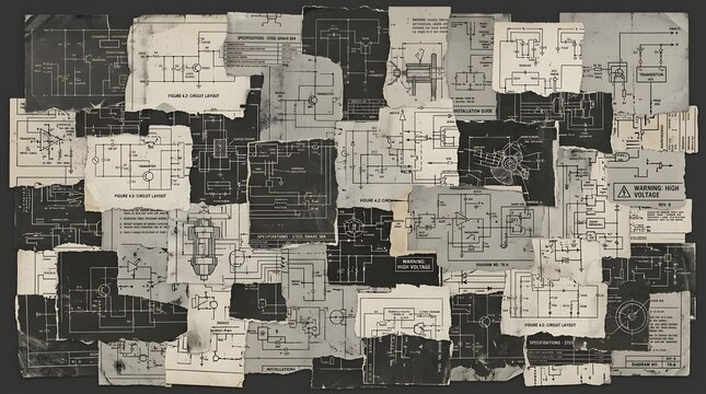 A collage of torn paper with electrical diagrams and technical schematics, creating a complex and abstract visual