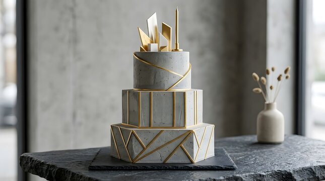 Modern geometric cake with gold accents and marble texture