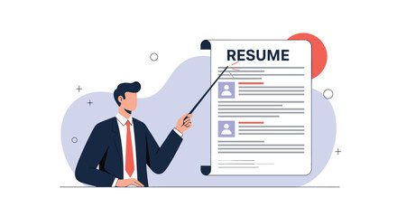 Fototapeta premium Recruiter pointing at giant resume document with a stick representing human resources management and the job application screening process.
