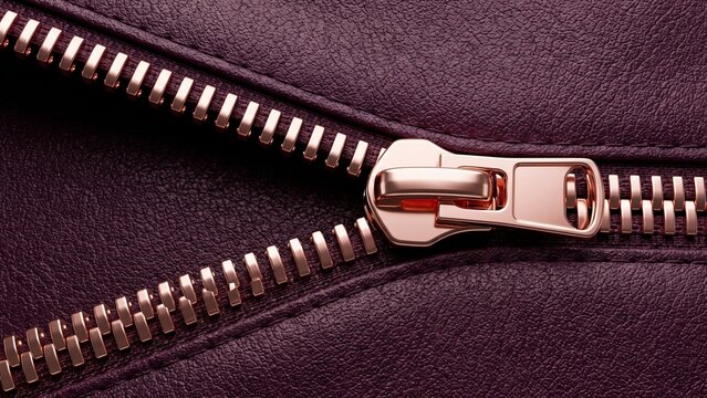 Close Up of Rose Gold Metal Zipper on Dark Purple Leather