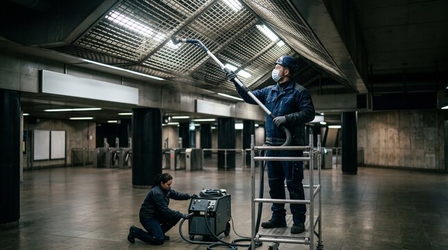 Sanitation crew refreshes a quiet concourse