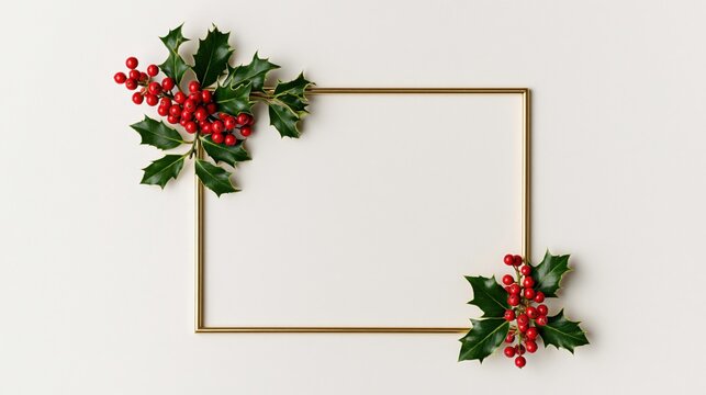 Elegant Golden Christmas Frame with Fir Branches and Red Holly Berries Holiday Border