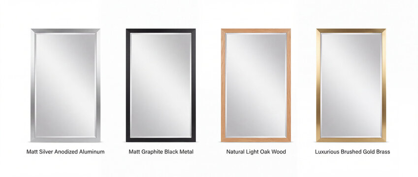 Mirror frame mockup set in four finishes featuring silver aluminum, black metal, light oak wood, and brushed gold brass textures for interior design catalogs and home decor presentation