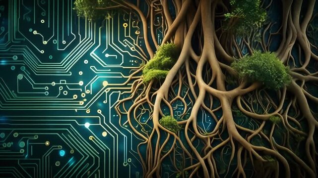 Nature and Technology Merge Tree Roots on Digital Circuit Board Background