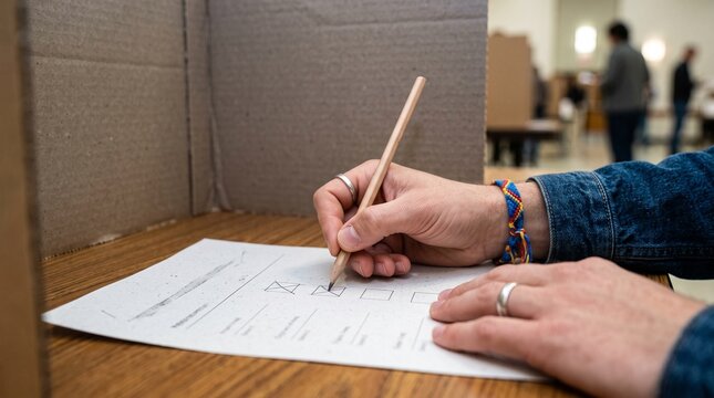 Young adult marks a ballot at a privacy station