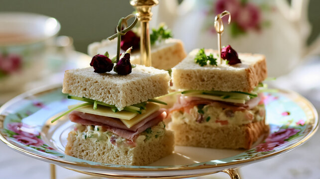 Assorted savory finger sandwiches arranged on a delicate tiered stand, perfect for a traditional afternoon tea or high tea event