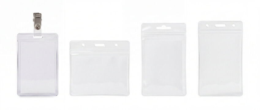 Badge holders and clear plastic pouches isolated on white background with metal clip attachment, transparent vertical and horizontal pockets for event pass and office ID mockup