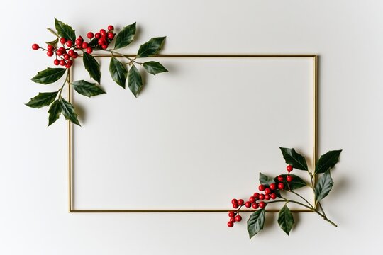 Elegant Golden Christmas Frame with Fir Branches and Red Holly Berries Holiday Border