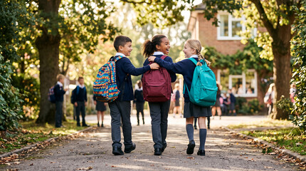 Fototapeta premium Children in school uniform walking together, showcasing friendship and camaraderie, representing education and youth.
