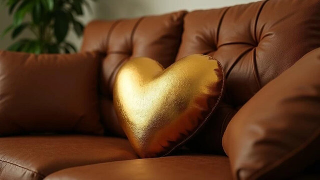 Heart-shaped pillow on leather sofa