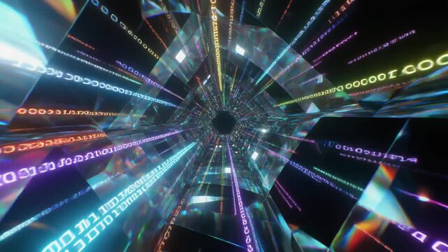 Digital Tunnel with Binary Code and Geometric Shapes, Futuristic Data Stream