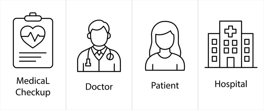 Medical staff icon set with health checkups doctors patients and hospital buildings in minimalist black line art for clinic services and healthcare branding.