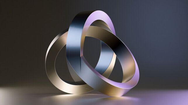 Abstract metallic interlocking rings geometric 3D shape on dark background
