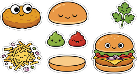 Fototapeta premium Cartoon fast food elements with smiling faces, a colorful vector illustration.