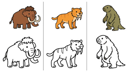 Naklejka premium Cute Prehistoric Creatures Coloring Book Page, Mammoth Saber Tooth Cat and Sloth Outlines