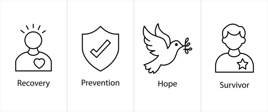 Conceptual outline vector icons showing triumph over cancer and health restoration featuring personal recovery active prevention peace dove and strong survivor.
