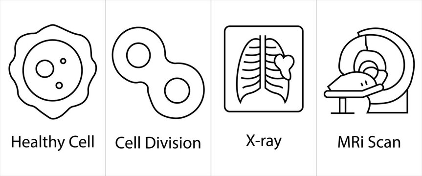 Line art medical vector icons depicting pathology and imaging diagnostics like healthy cell division process pulmonary x ray and mri scanning procedure.