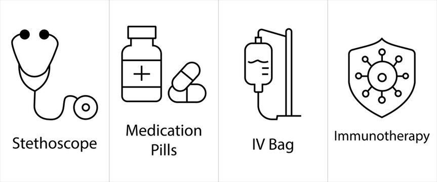 Minimalist outline medical vector icons showing clinical diagnostic and cancer treatment tools including stethoscope medication pills iv bag and immunotherapy.