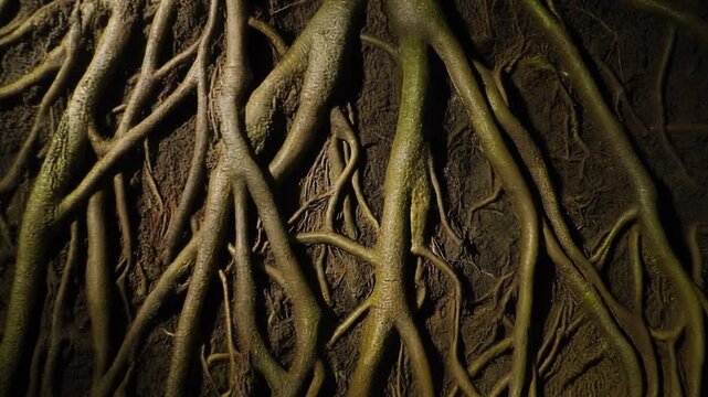Intricate Tree Roots Growing on Textured Wall, Natural Pattern Background