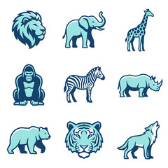 Naklejka premium Blue wildlife animal vector icons set featuring lion, elephant, tiger, and safari creatures.