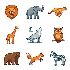 Naklejka premium Set of wild animal vector icons including lion elephant cheetah giraffe wolf owl bear fox and zebra