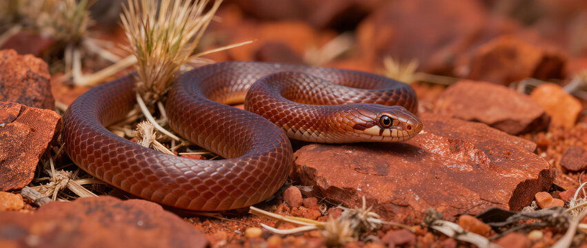 Pygmy Python Resting Among Red Rocks in Western Australian Habitat