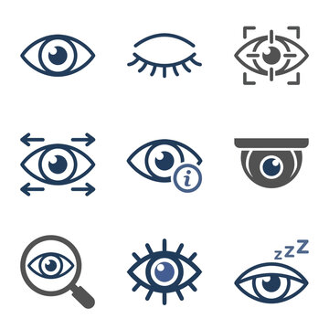 Eye vision and security surveillance icons set for monitoring and biometric concepts