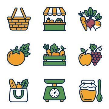 Grocery Market and Fresh Produce Vector Icon Set for Healthy Food and Retail Design