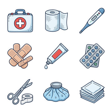 Medical First Aid Kit Vector Set with Bandages Thermometer Pills and Healthcare Equipment Supplies