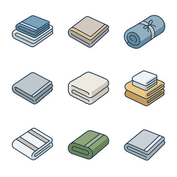 Set of isometric folded and rolled towel icons for bathroom spa and hotel decor
