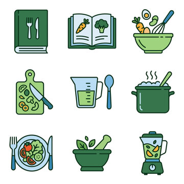 Healthy Cooking and Kitchen Utensils Icon Set for Recipe and Culinary Design