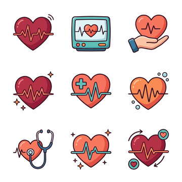 Medical heart rate icon set featuring EKG pulse, cardiology monitor, and stethoscope illustrations