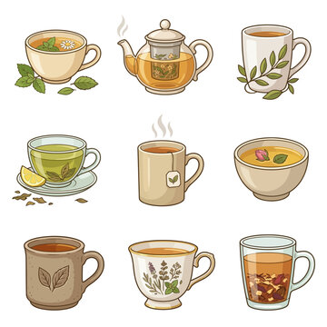 Vector collection of diverse herbal tea cups, mugs and teapot with organic botanical ingredients