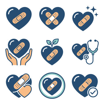 Set of heart icons with bandages for emotional healing, recovery, and medical cardiology concepts.