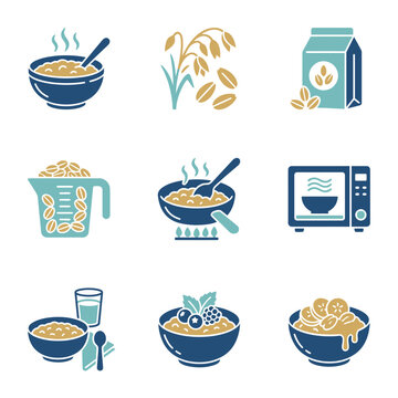 Oatmeal Breakfast Cooking and Serving Icon Set Featuring Porridge Bowls and Grains