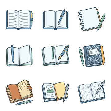 Set of Hand-Drawn Notebooks and Pens Stationery Icons for Journaling and Education Vector