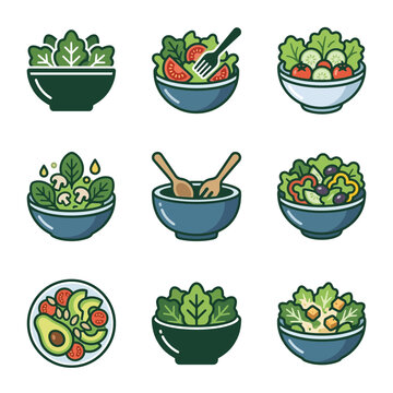 Healthy Vegetable Salad Bowl Icons Set with Fresh Greens and Organic Ingredients Vector