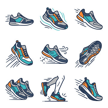 Set of Dynamic Running Shoe Vector Illustrations for Athletic Fitness and Sport Lifestyle Design