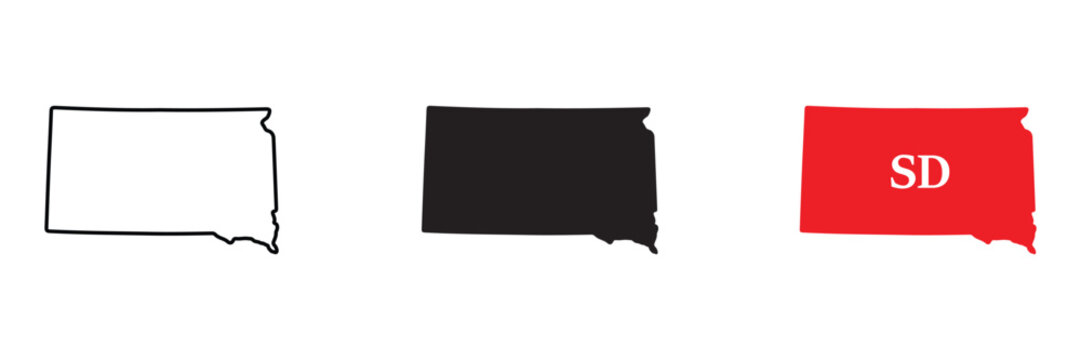 South dakota state map outline, solid black silhouette, and red shape with sd abbreviation on a white background set