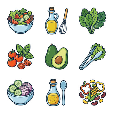Fresh Salad and Healthy Food Preparation Vector Illustration Set with Vegetables and Oil