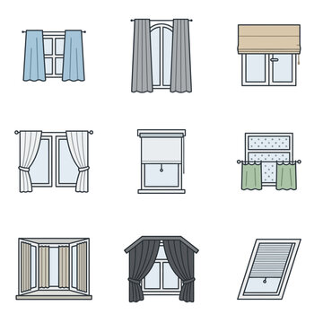 Flat vector set of modern window treatments featuring various curtains, blinds, and drapes icons.