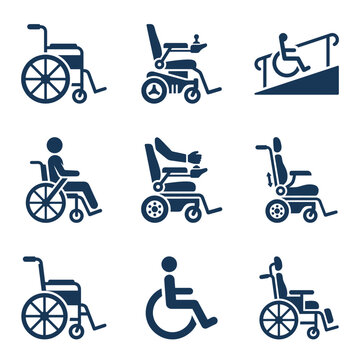 Diverse wheelchair and accessibility icons set for disabled mobility and medical healthcare concepts
