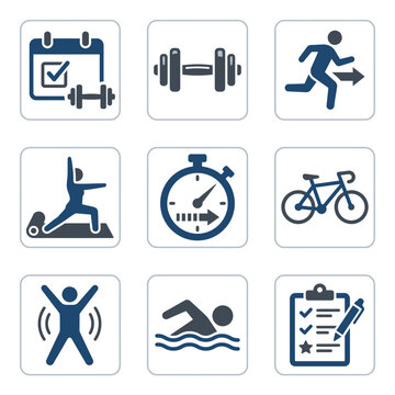 Fitness and workout icon set featuring gym, swimming, cycling, and health tracking symbols.