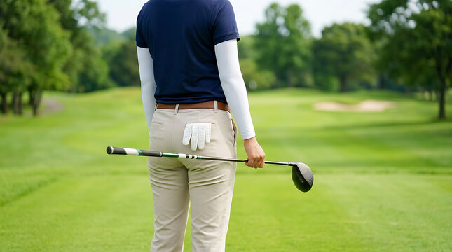 Female golfer holding a golf club on a lush green golf course viewed from behind