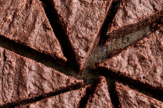 Rich, dark brownies cut into triangular pieces