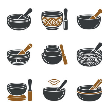 Tibetan singing bowl icon set for meditation, sound healing, and yoga therapy vector.