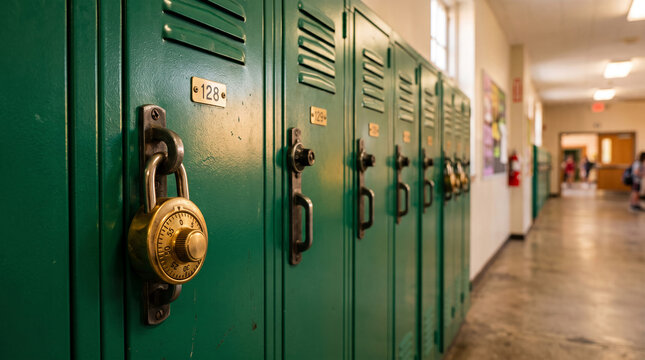 Row of green metal school lockers with combination lock, representative of education, security, and personal storage space in a hallway