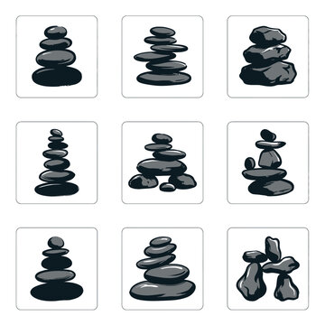 Collection of Zen Stone Stacks and Rock Cairn Vector Icons for Meditation and Wellness Design