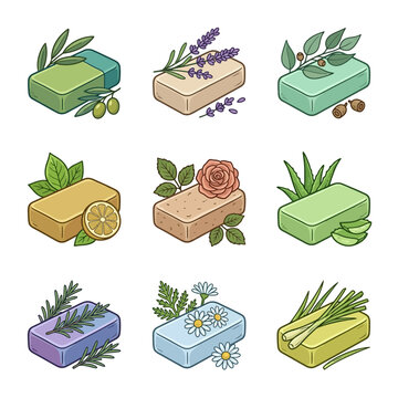 Natural Handmade Soap Bars Collection with Organic Herbal Botanical Ingredients Vector Illustration