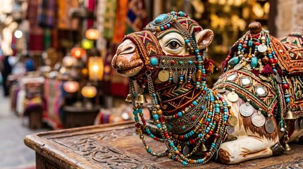 Obraz premium Colorful Traditional Camel Figurine with Beaded Decorations in Market